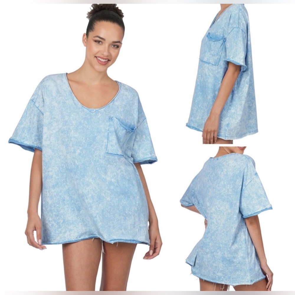 ZENANA Acid Wash Oversized ribbed Front Pocket Boyfriend Tee DEEP SKY L XL shirt - Picture 2 of 5